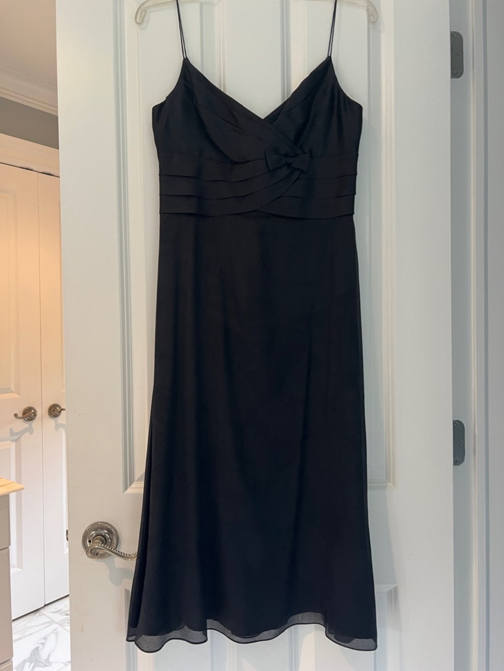 Carmen Marc Valvo Collection Black Midi Slip Dress with Pleated Bodice